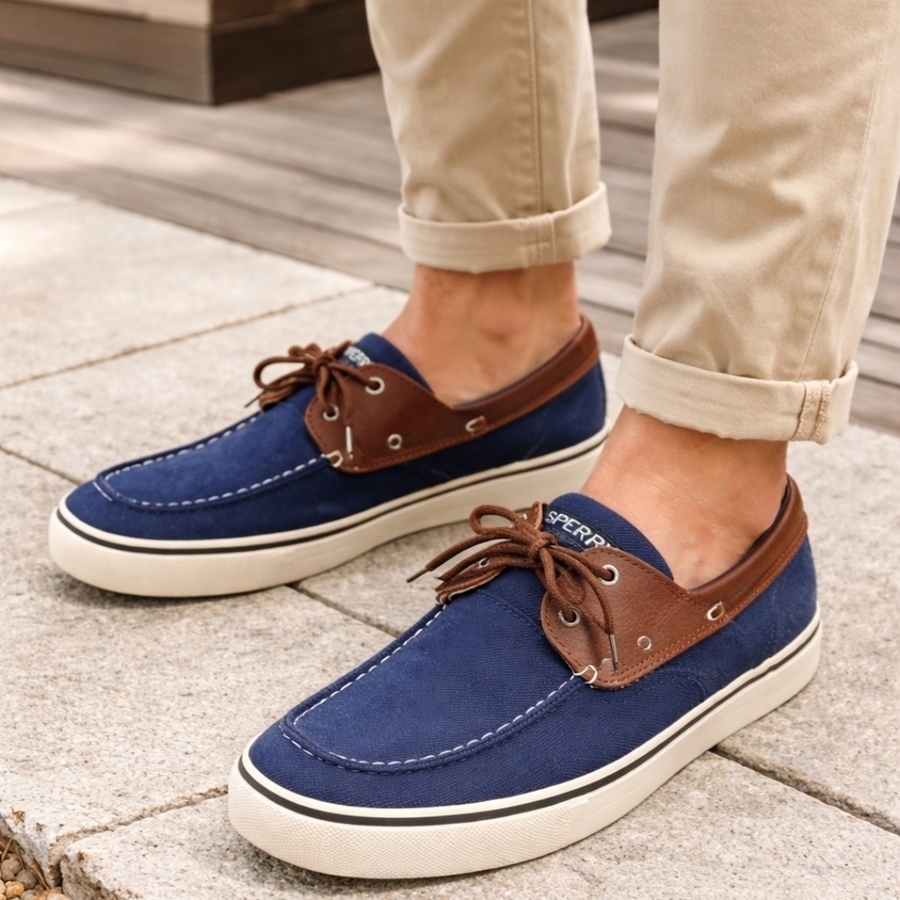 Sperry Halyard 2 Eye Boat Shoes Navy Denim Leather Trim MN 13 Wide Preppy Casual - Picture 12 of 12